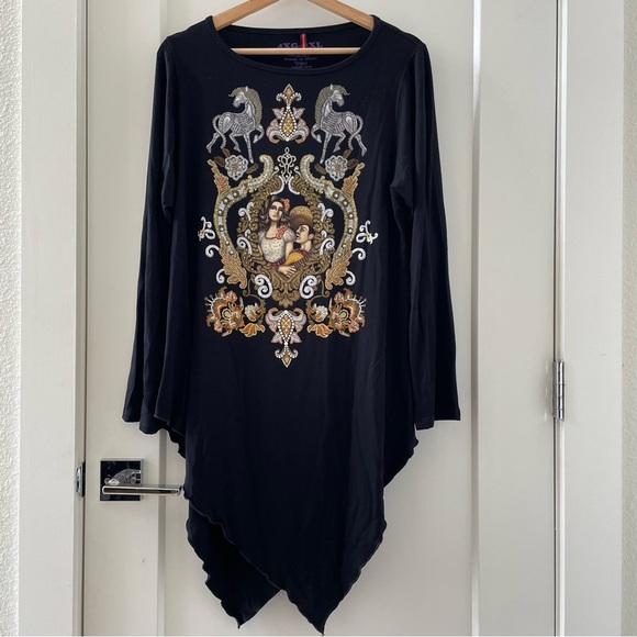 Ay Guey Historia Beaded Mexico Woman Graphic Asymmetric Hem TShirt 4XL RARE NWT - Picture 1 of 8